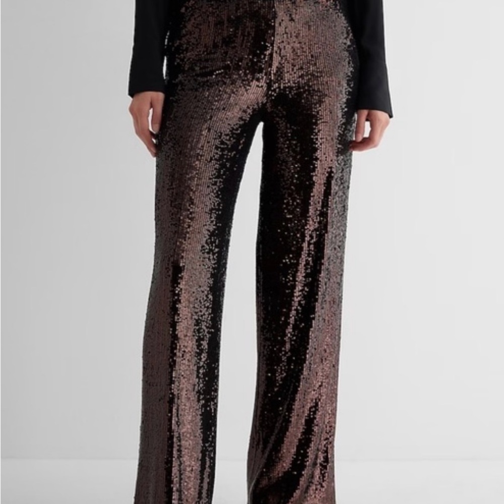Express Sequin Wide-Leg Pants - Brown